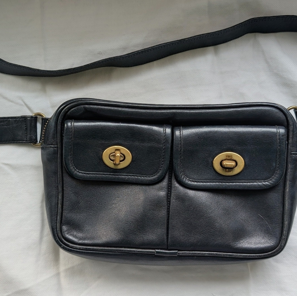 Coach Black Leather Messenger Crossbody with Dual Turn-Lock Pockets
